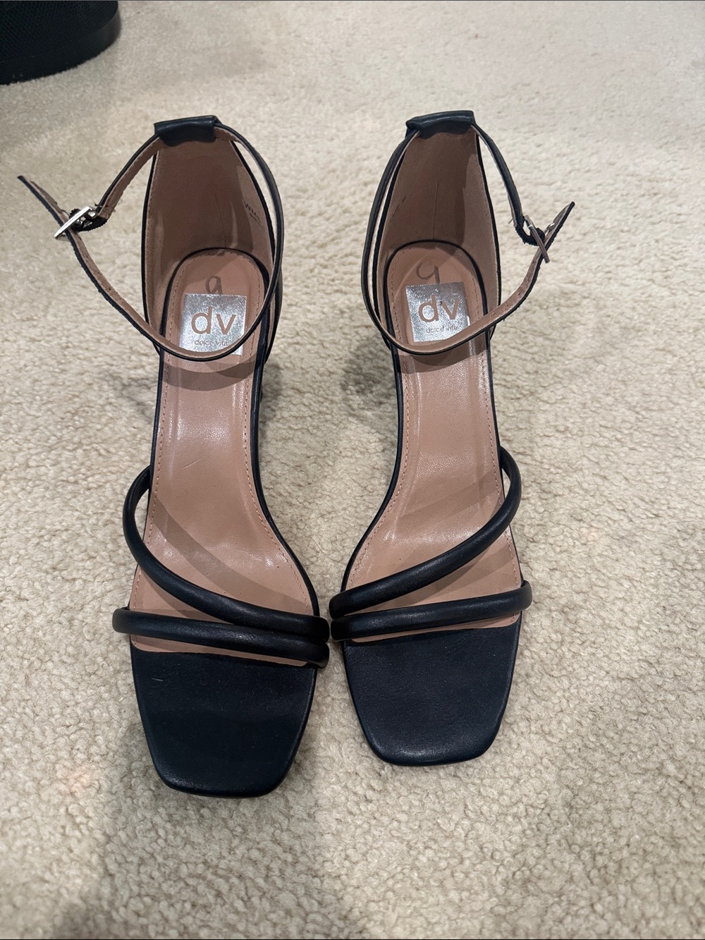 DV by Dolce Vita Black Strappy Square‑Toe Ankle Strap Heels